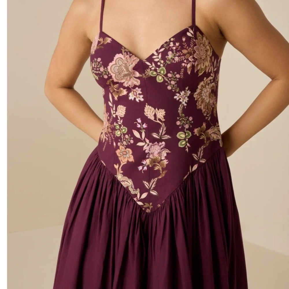 Hemant & Nandita Savi Maxi Dress Wine Floral Cotton Poplin XS NEW Wedding guest - Picture 2 of 14
